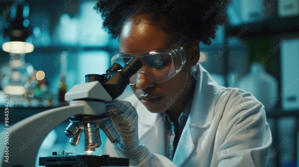 A female scientist studying microscopic organisms in a laboratory setting, potentially for research or educational purposes A female scientist studying microscopic organisms in a laboratory setting, potentially for research or educational purposes