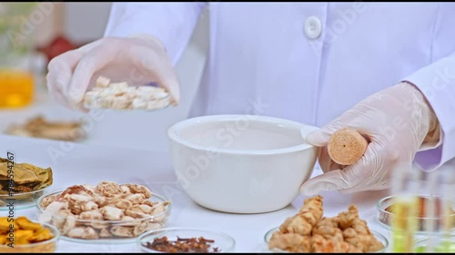 Template video showing a scientist pouring poria cocos wolf in a petri dish into white mortar, then pounding it. Laboratory background with glassware filled with herbs. photo