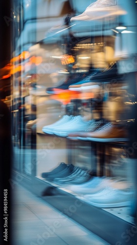 Blurred view through a shop window showcasing trendy sneakers and casual footwear, creating an enticing display of urban fashion and style on city streets.