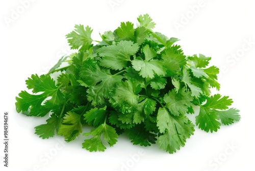 A bundle of fresh green leaves placed on a clean white surface