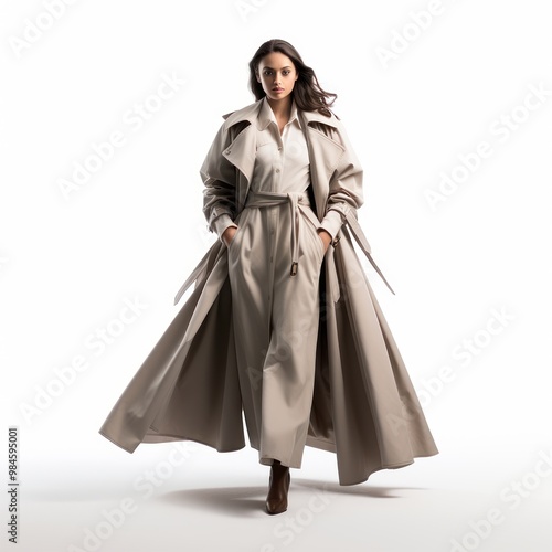 Chic model showcases a stylish beige trench coat paired perfectly with trendy boots