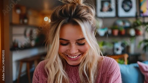 A stylish blonde woman in a modern apartment, using her phone to connect on social media, smiling at the influx of likes, followers, and emoji responses. photo