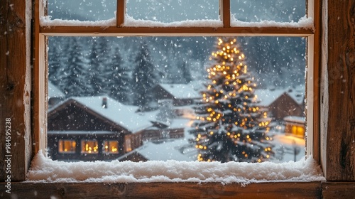 Cozy winter scene through a frosty window: illuminated Christmas tree stands tall amidst snow-covered cabins, creating a magical holiday atmosphere in the forest.