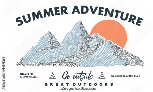 Summer Adventure at the mountain graphic artwork for t shirt and others. Forest explore design. Mountain with tree vintage print design. Mountain forest club. Go outside.