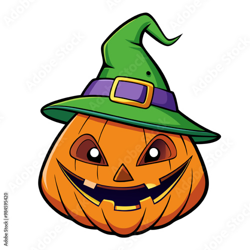 Jack-o'-Lantern's Grin: A cartoon pumpkin, adorned with a jaunty witch's hat, beams mischievously, embodying the spirit of Halloween. 