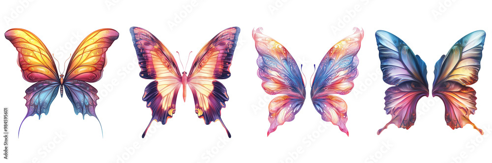 Delicate Symmetrical Butterfly Wings with Vibrant Gradients isolated on transparent png background Delicate Symmetrical Butterfly Wings with Vibrant Gradients isolated on transparent png background