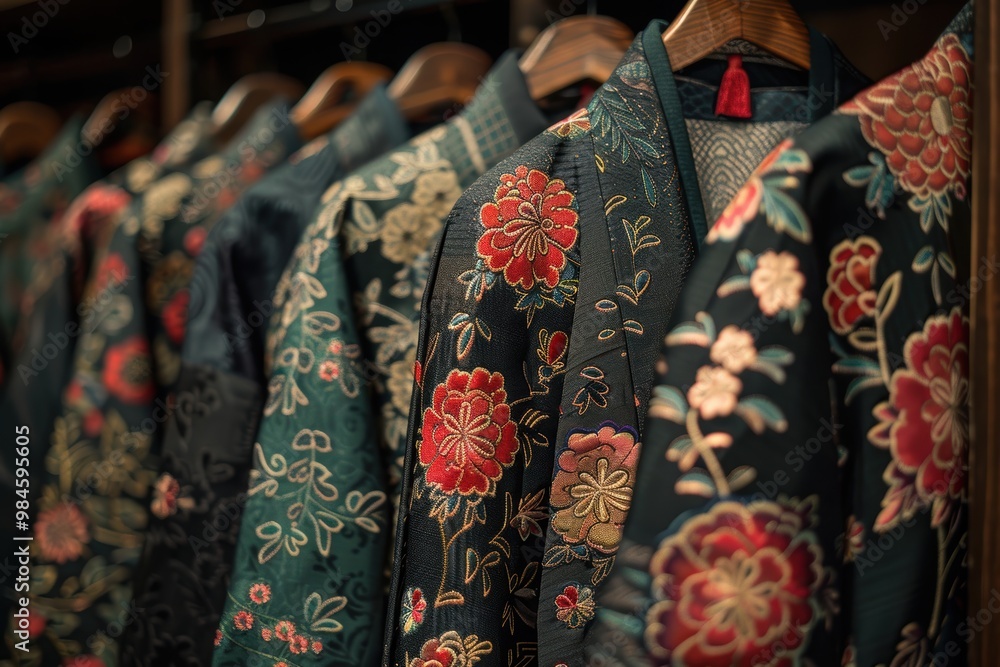 Naklejka premium An exquisite display of traditional embroidered garments featuring vibrant red and pink floral patterns, meticulously arranged in a wardrobe setting reflecting rich cultural heritage