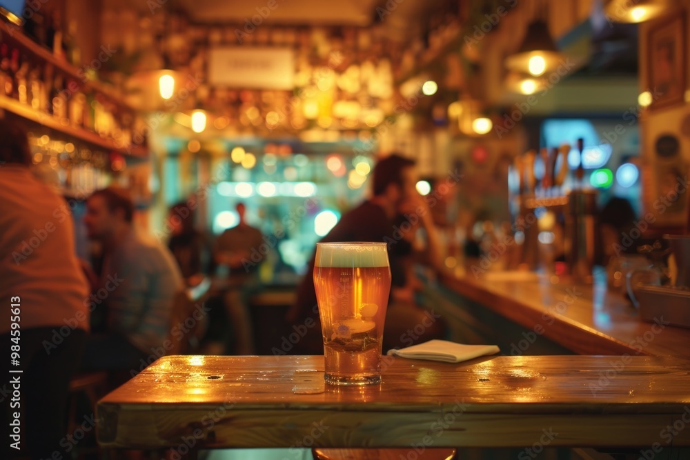 A glass of beer sits on top of a wooden table, ready for a drink A glass of beer sits on top of a wooden table, ready for a drink