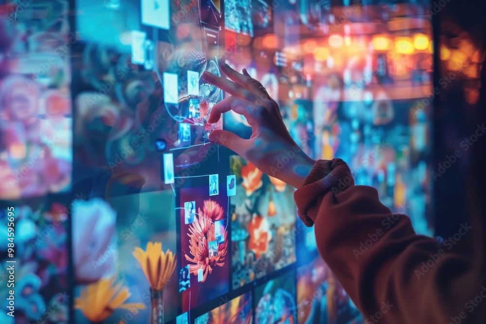 A person is pointing at a beautiful display of flowers, great for illustrations or ads about gardening, flowers, and customer service A person is pointing at a beautiful display of flowers, great for illustrations or ads about gardening, flowers, and customer service