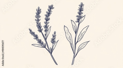 Two lavender branches illustrated in line art style with a retro aesthetic featuring plants and herbs suitable for cosmetic use photo