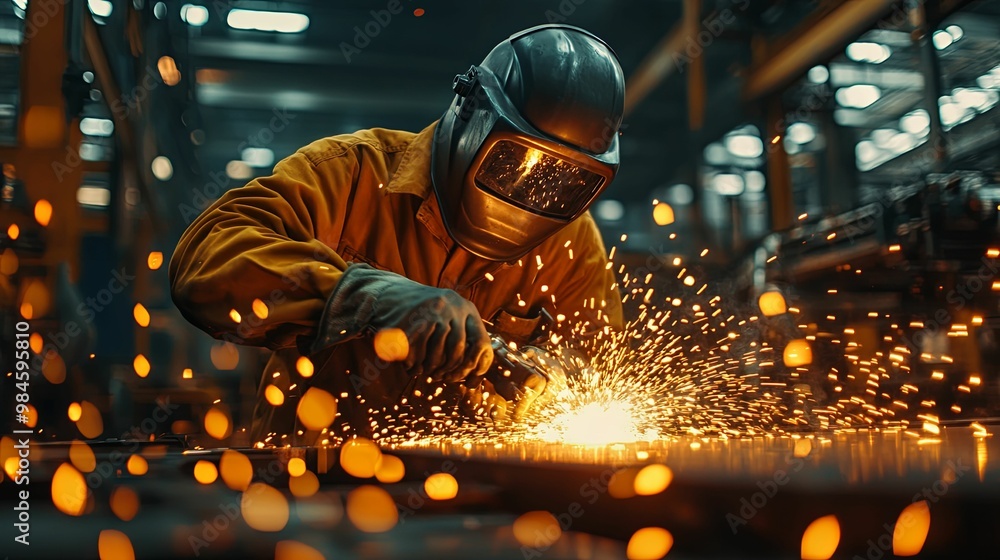 A Welder in Protective Gear Working with Sparks Flying A Welder in Protective Gear Working with Sparks Flying