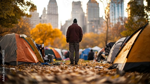 Homeless encampment in a city park, portraying economic inequality and societal challenges