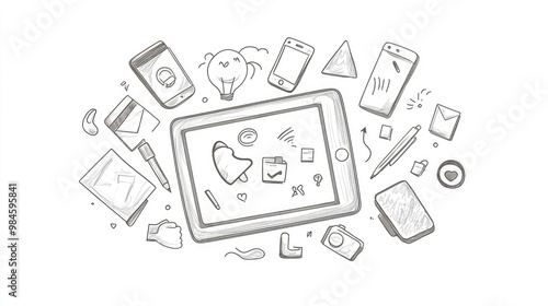 Continuous single line drawing featuring playful doodles of a tablet phone and elements of childhood and the internet Isolated hand drawn contour on white background