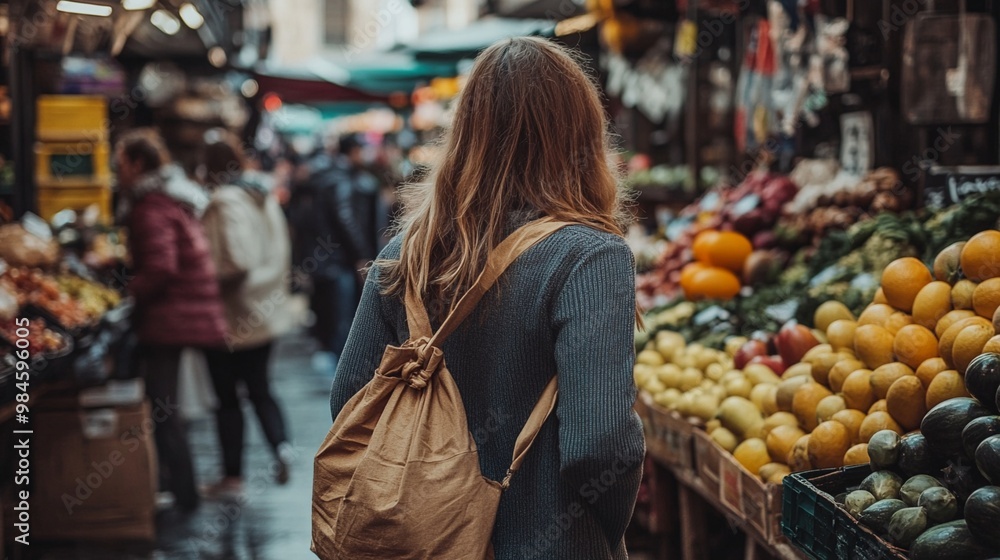 Woman with long hair and backpack browsing fresh produce at bustling outdoor market. Colorful fruits and vegetables on display, shoppers in background. Woman with long hair and backpack browsing fresh produce at bustling outdoor market. Colorful fruits and vegetables on display, shoppers in background.