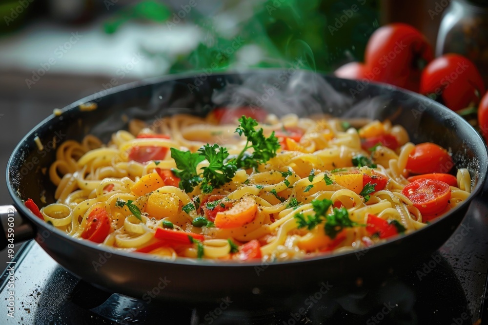 A filled frying pan with pasta and vegetables for a healthy meal A filled frying pan with pasta and vegetables for a healthy meal