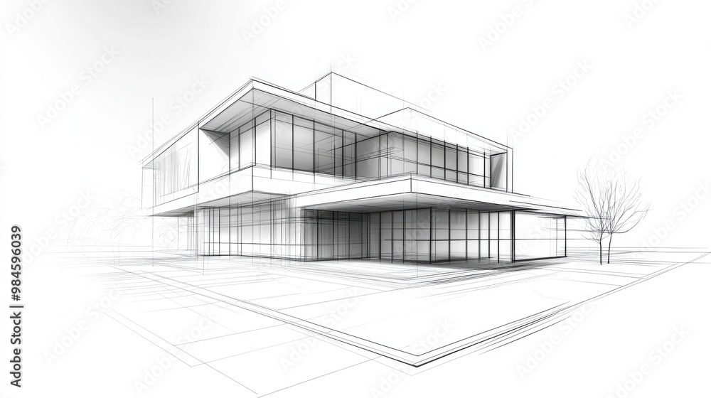 Line art illustration depicting an architectural sketch of a house building in 3D perspective Line art illustration depicting an architectural sketch of a house building in 3D perspective