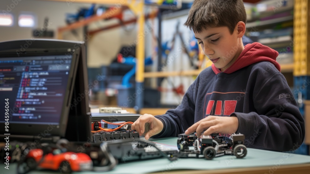 Young Boy Building a Robot Young Boy Building a Robot