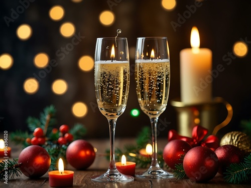 Sparkling Christmas celebration with champagne and candles.