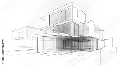 Line art depiction of contemporary modular architecture with a focus on an abstract facade in a three dimensional illustration