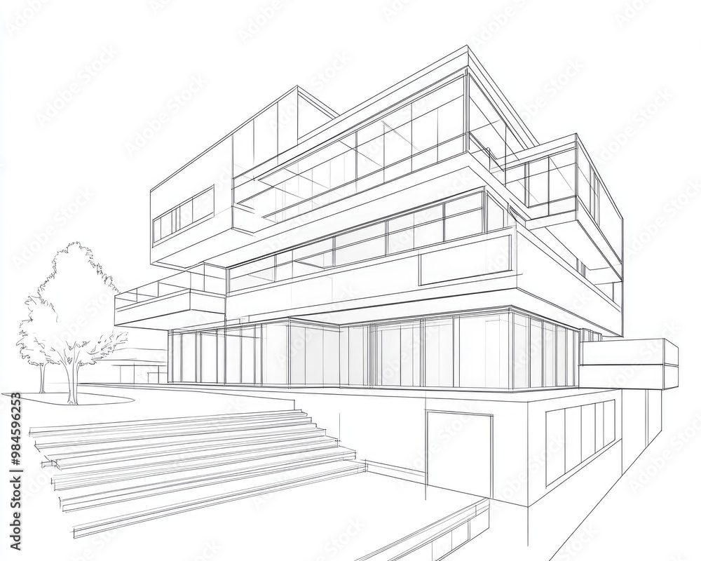 Abstract building line art illustration featuring a 3D architectural design Abstract building line art illustration featuring a 3D architectural design