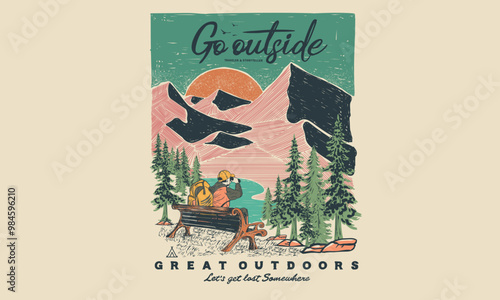 Forest explore design. Mountain summer camp club. Adventure at the mountain graphic artwork for t shirt and others. Mountain with tree vintage print design. Mountain digital painting poster. 