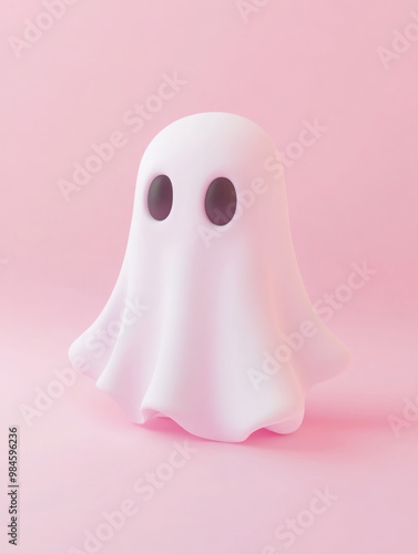 Cute minimalist halloween white Ghost, pastel color on a white pastel background 