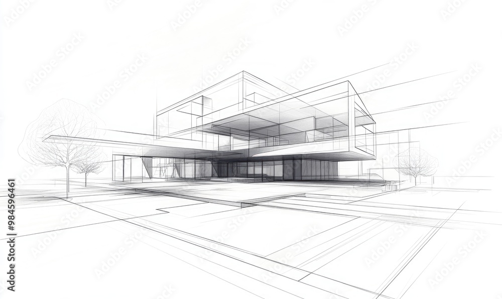 Line art depiction of architectural structure in a three dimensional illustration Line art depiction of architectural structure in a three dimensional illustration