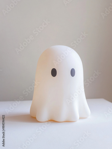 Cute minimalist halloween white Ghost, pastel color on a white pastel background 