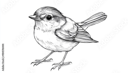 Line art illustration of a hand drawn black and white cartoon robin for the Christmas season photo