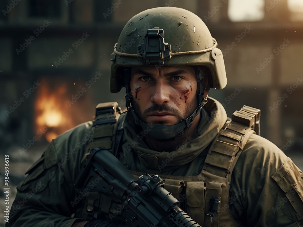 Special unit attacker staring menacingly at the enemy from behind. Special unit attacker staring menacingly at the enemy from behind.