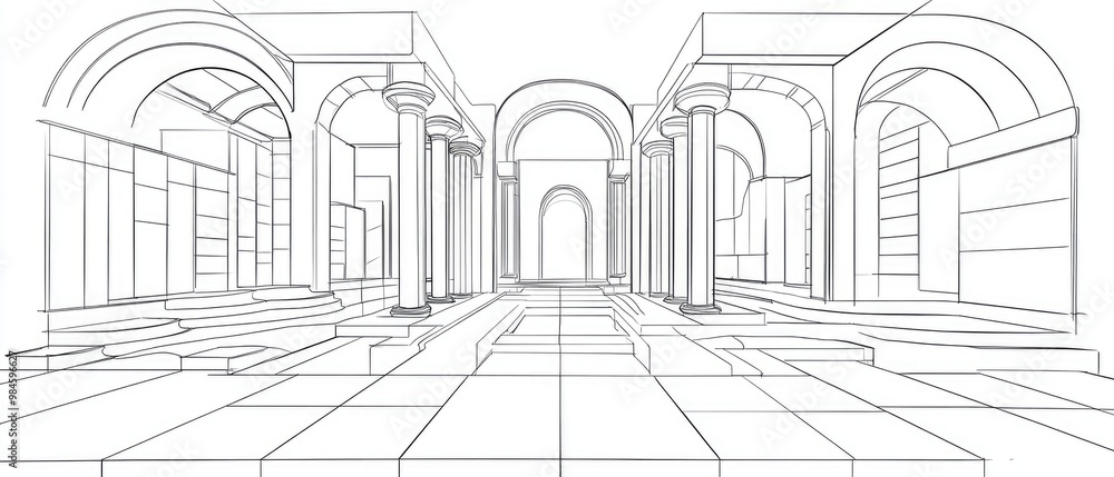 Line art depiction of architectural design in a three dimensional style Line art depiction of architectural design in a three dimensional style