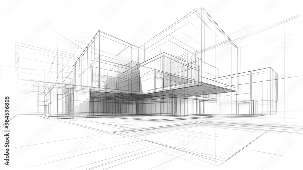 Line art illustration depicting architectural design concepts with a 3D sketch style Line art illustration depicting architectural design concepts with a 3D sketch style