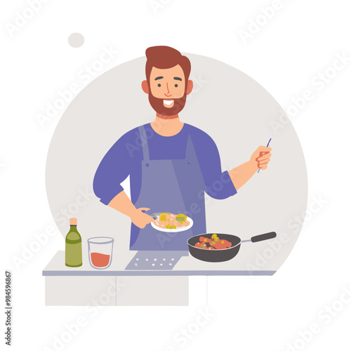 Vector illustration of a man cooking in the kitchen, smiling with a plate of food and a frying pan