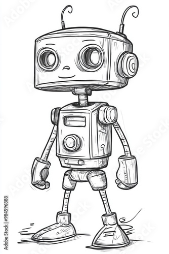 Line art illustration featuring a cartoon style robot drawing