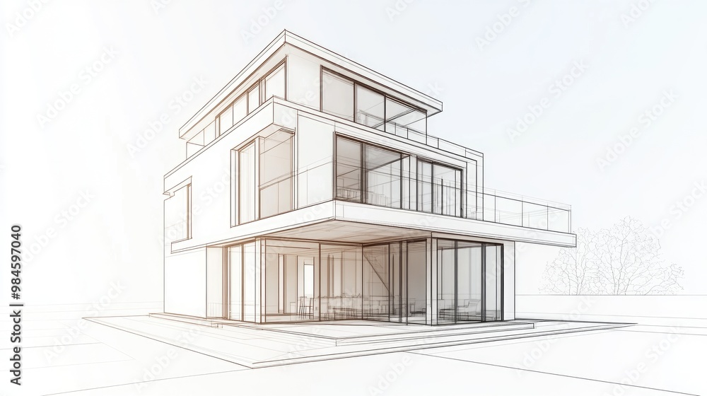 Line art illustration depicting a conceptual sketch of a house in 3D Line art illustration depicting a conceptual sketch of a house in 3D