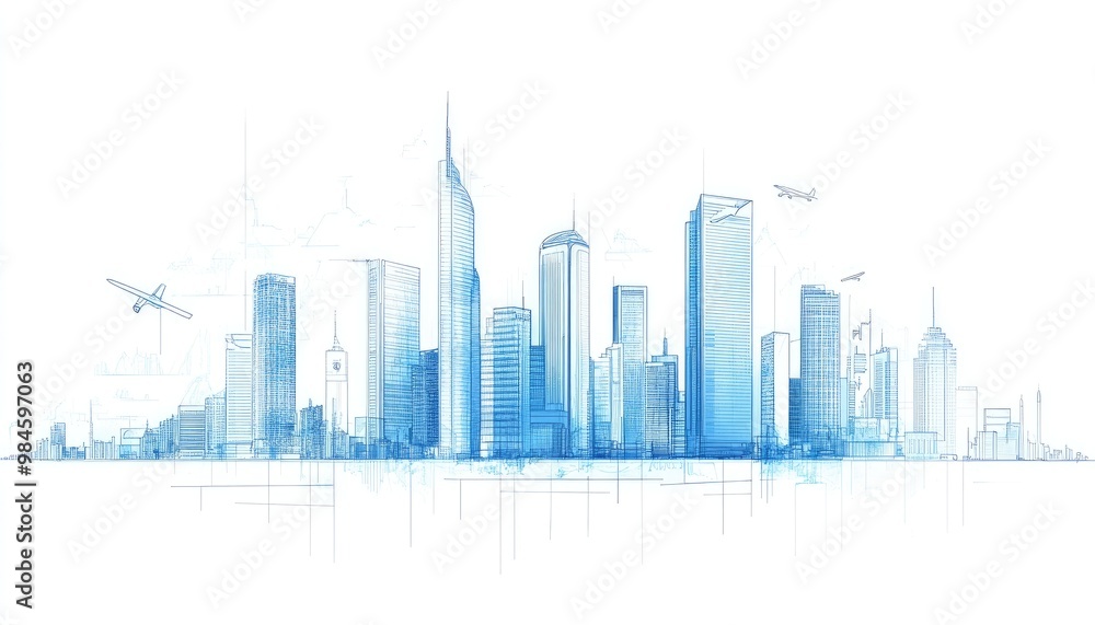 Line art illustration of a skyline featuring blue buildings and ample copy space representing a business travel and tourism concept with modern architecture Suitable for presentations and web use Line art illustration of a skyline featuring blue buildings and ample copy space representing a business travel and tourism concept with modern architecture Suitable for presentations and web use