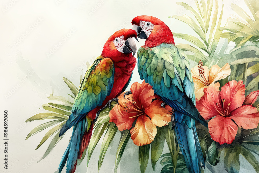 Fototapeta premium Lively parrots perched together amidst vibrant tropical flowers, showcasing their colorful plumage in serene setting. Their playful interaction adds joyful touch to lush background