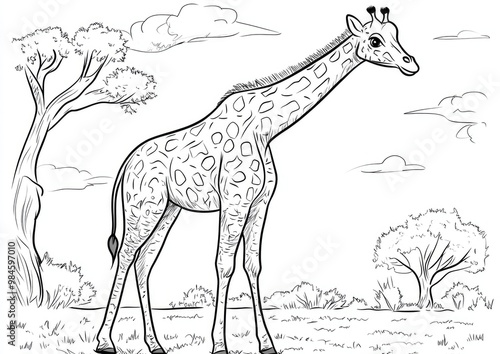 Line art illustration of a cartoon giraffe designed for a coloring book photo