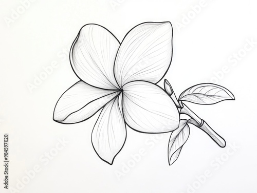 Bold black outline drawing of a tropical plumeria flower set against a white backdrop featuring a continuous line art style #984597020