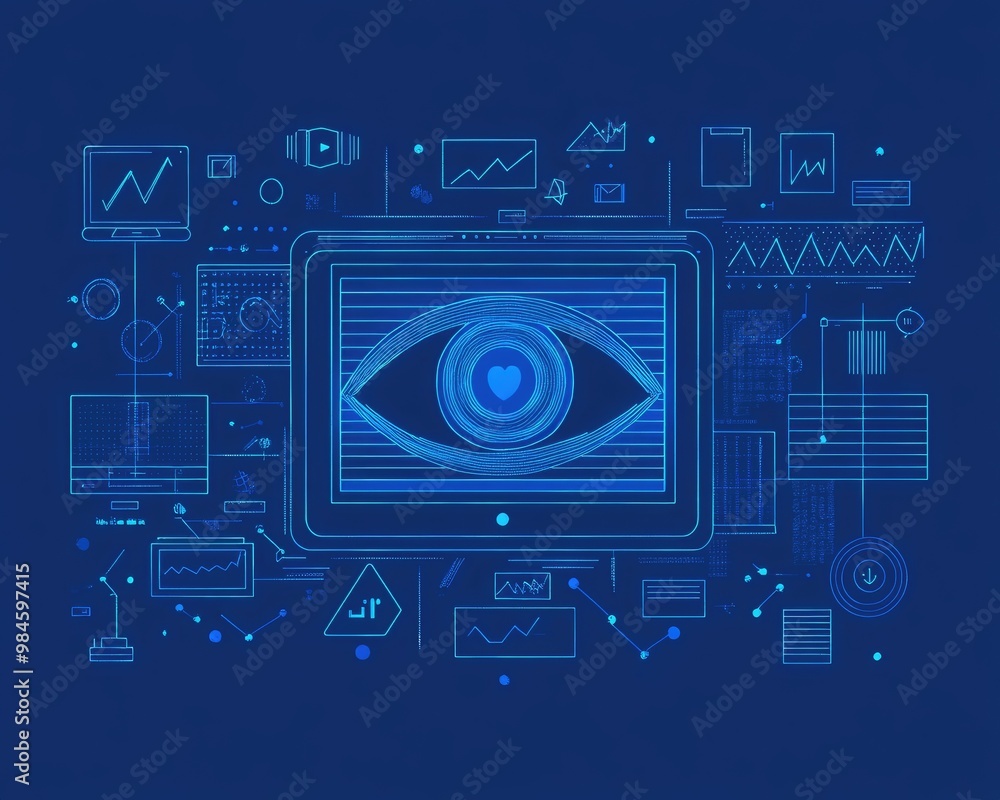 Line art illustration representing online privacy with a clear blue technology theme Line art illustration representing online privacy with a clear blue technology theme