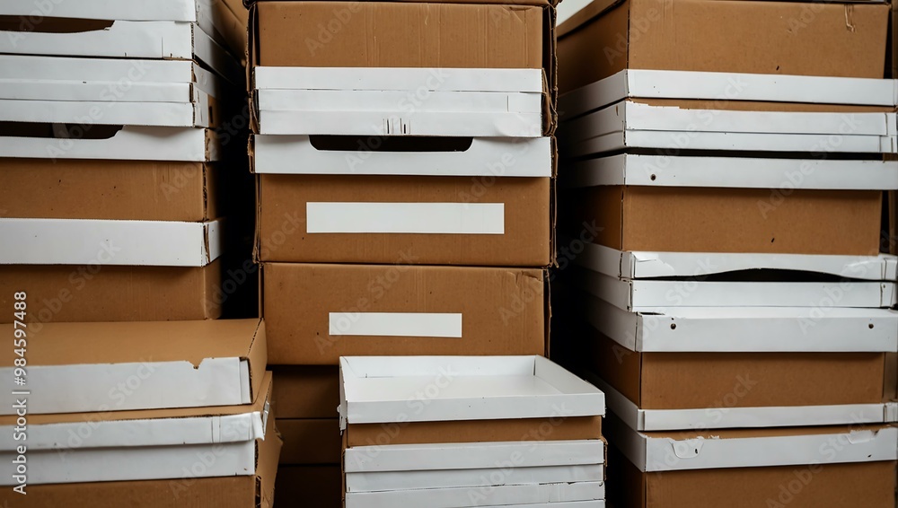 Stack of cardboard boxes with white plates. Stack of cardboard boxes with white plates.