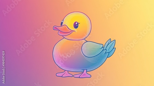 Colorful line art illustration depicting a cheerful cartoon duck in a rainbow gradient design photo