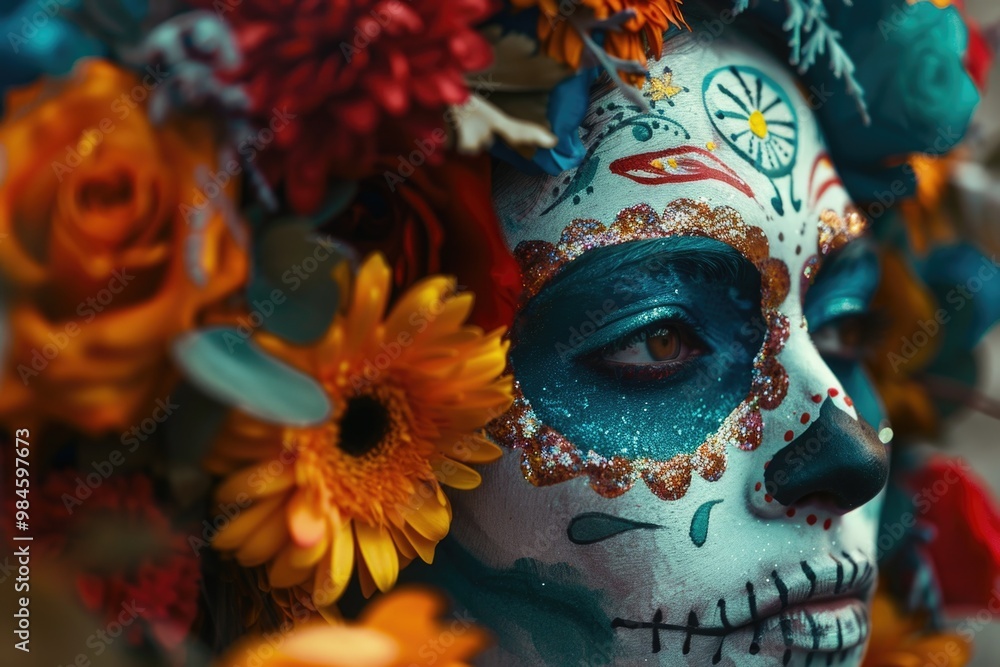 Close-up of a person wearing a skull mask, suitable for Halloween or costume parties Close-up of a person wearing a skull mask, suitable for Halloween or costume parties