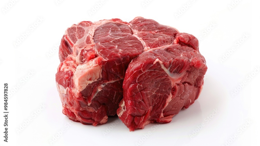 Obraz premium A piece of raw meat lies on a clean white surface, suitable for use in various food-related or educational contexts