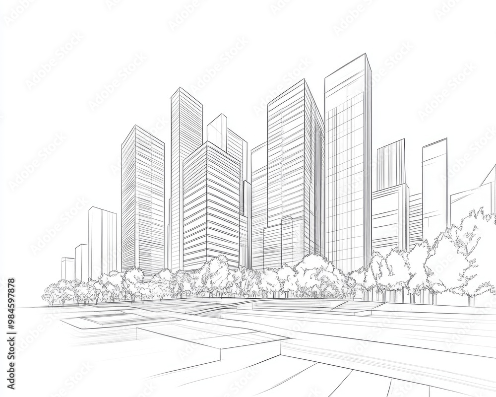 Line art depiction of urban architecture in a 3D sketch style illustration Line art depiction of urban architecture in a 3D sketch style illustration