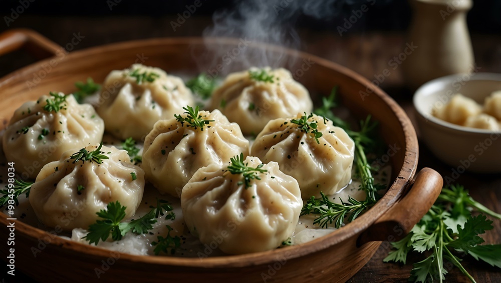 Steaming basket of dumplings garnished with herbs. Steaming basket of dumplings garnished with herbs.