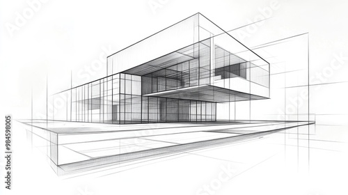 Line art illustration of an architectural drawing of a house building in a three dimensional perspective