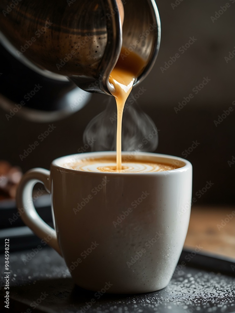 Steaming milk being poured into espresso. Steaming milk being poured into espresso.