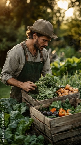 Rugged farmer in hat and apron harvests fresh organic vegetables from lush garden, filling wooden crates with colorful produce in golden evening light.