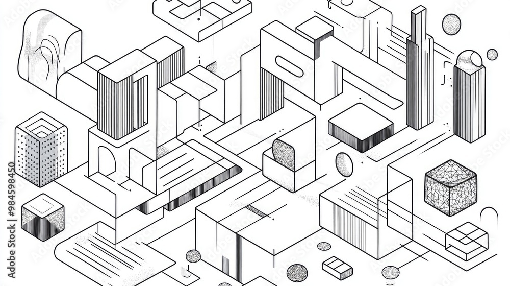 Line art illustration featuring a composition of abstract 3D shapes including cubes hexagons squares and rectangles set against an isometric background Line art illustration featuring a composition of abstract 3D shapes including cubes hexagons squares and rectangles set against an isometric background